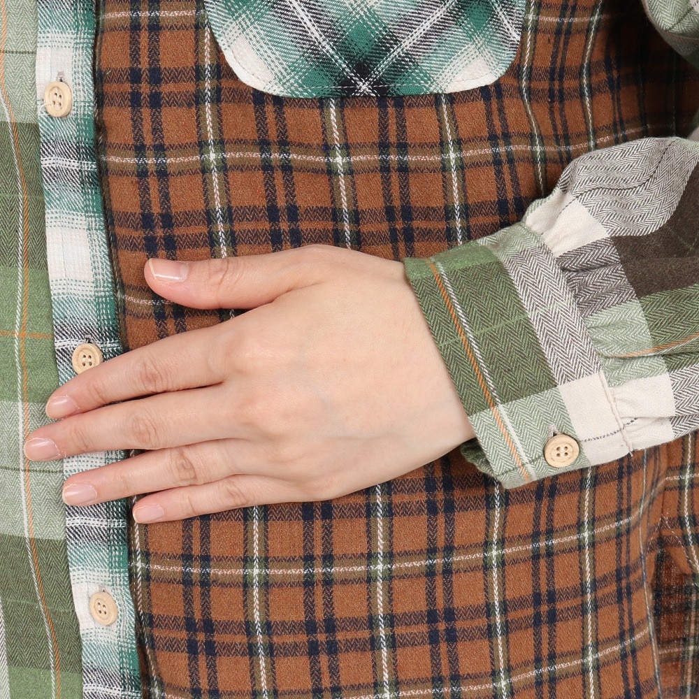 クリフメイヤー（KRIFF MAYER）（レディース）カジュアルシャツ 長袖 マルチチェックシャツ 2315804L-65:GREEN グリーン×ブラウン