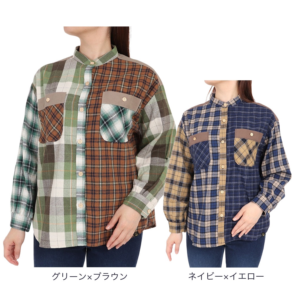 クリフメイヤー（KRIFF MAYER）（レディース）カジュアルシャツ 長袖 マルチチェックシャツ 2315804L-65:GREEN グリーン×ブラウン