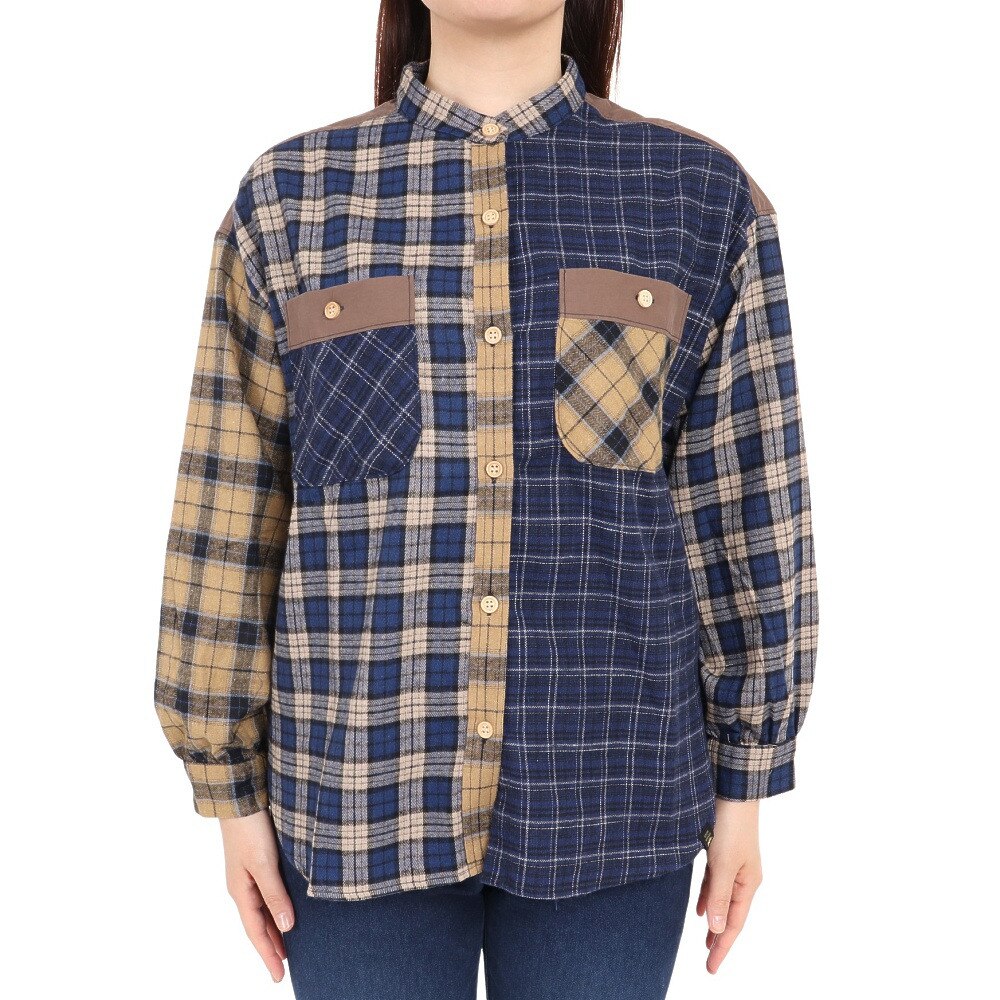 クリフメイヤー（KRIFF MAYER）（レディース）カジュアルシャツ 長袖 マルチチェックシャツ 2315804L-79:NAVY ネイビー×イエロー