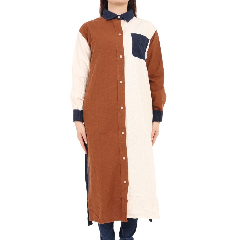 クリフメイヤー（KRIFF MAYER）（レディース）ワンピース 長袖 ビエラシャツワンピース 2315803L-90:MULTI-COL ブラウン×ネイビー