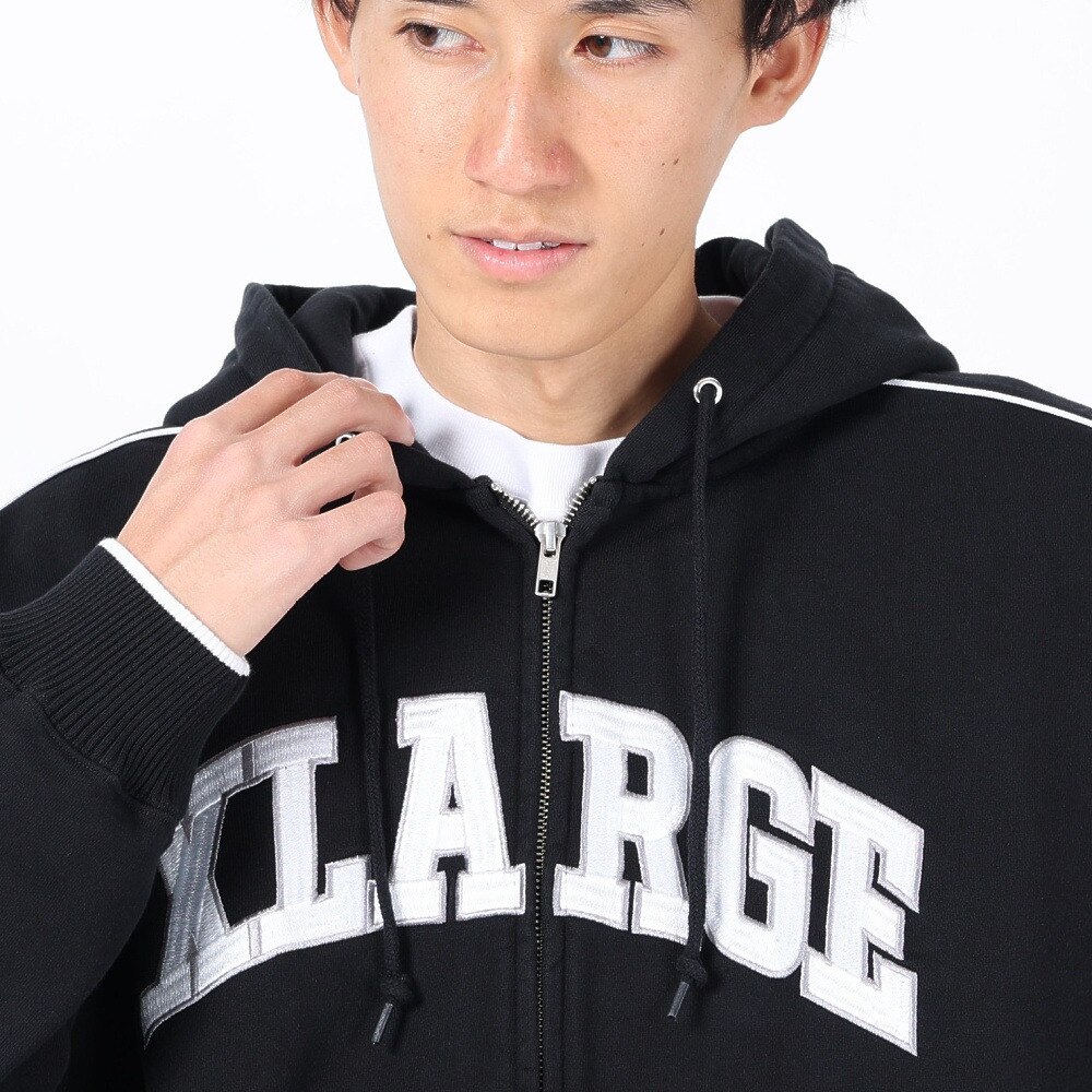 エクストララージ（メンズ）PIPING ジップアップ フーデット スウェットシャツ 101234012008-BLACK