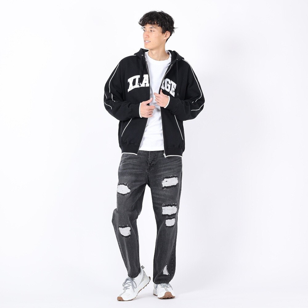 エクストララージ（メンズ）PIPING ジップアップ フーデット スウェットシャツ 101234012008-BLACK