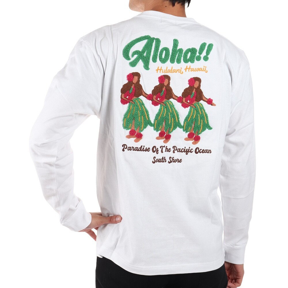 Hula Lani（メンズ）長袖Ｔシャツ 刺繍ロンティーフラガール 224HU1LT050 WHT