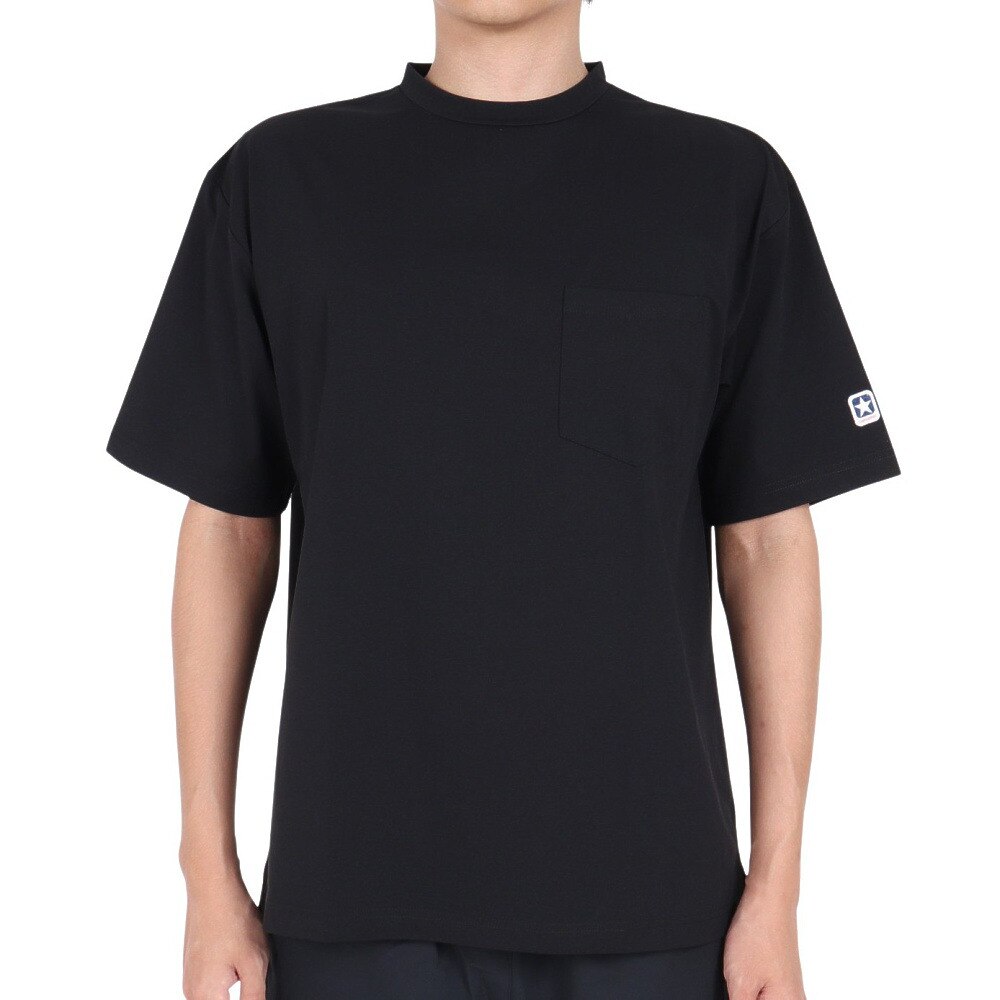コンバース（CONVERSE）（メンズ、レディース）Tシャツ 半袖 クルーネックTシャツ 胸ポケット付き ワンポイント シンプル 黒 ブラック 吸水速乾 CA212382-1900