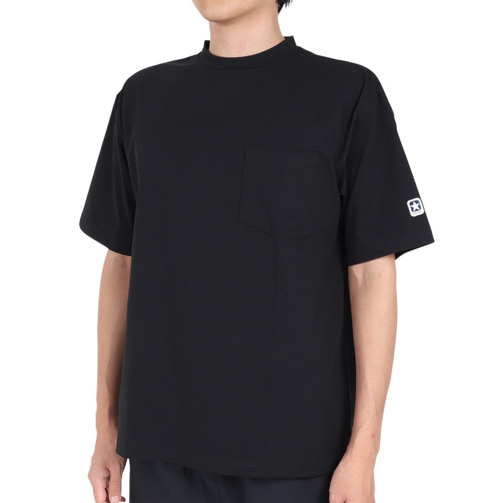 コンバース（CONVERSE）（メンズ、レディース）Tシャツ 半袖 クルーネックTシャツ 胸ポケット付き ワンポイント シンプル 黒 ブラック 吸水速乾 CA212382-1900