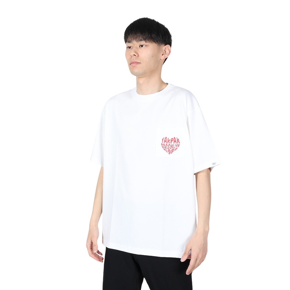 ヤックパック（YAK PAK）（メンズ、レディース）ハートロゴ ポケット付き 半袖Tシャツ 4510007-07 WHT