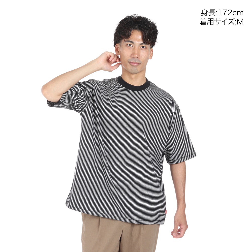 ヘルスニット（Healthknit）（メンズ）ナローボーダー ワイド クルーネック 半袖Tシャツ 51033 BLK/NAT