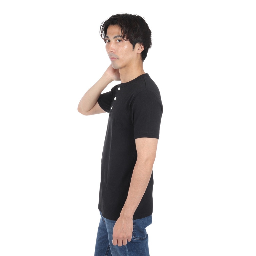 ヘルスニット（Healthknit）（メンズ）ヘビーウェイトリブ ヘンリーネック 半袖Tシャツ 53016 BLK