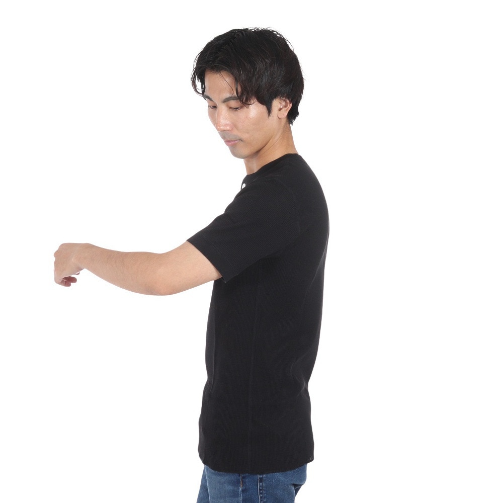 ヘルスニット（Healthknit）（メンズ、レディース）ベーシックワッフル ヘンリーネック 半袖Tシャツ 601S BLK