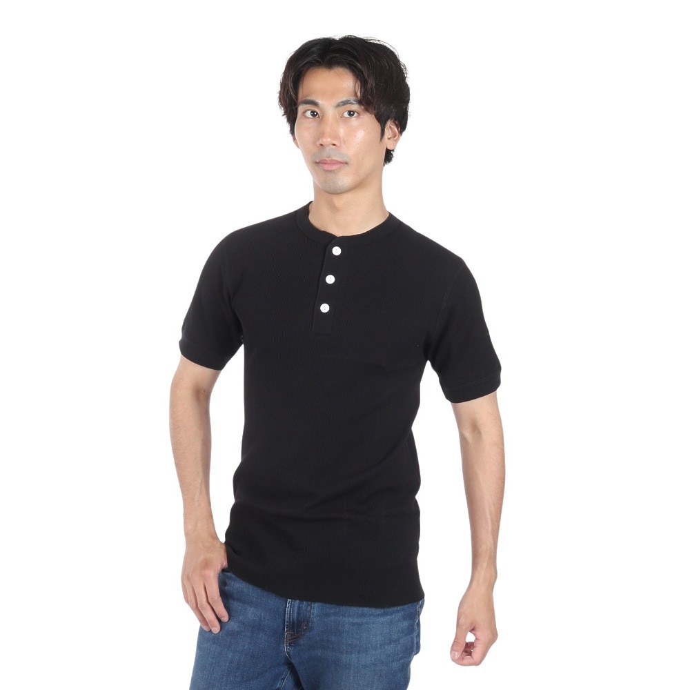 ヘルスニット（Healthknit）（メンズ、レディース）ベーシックワッフル ヘンリーネック 半袖Tシャツ 601S BLK