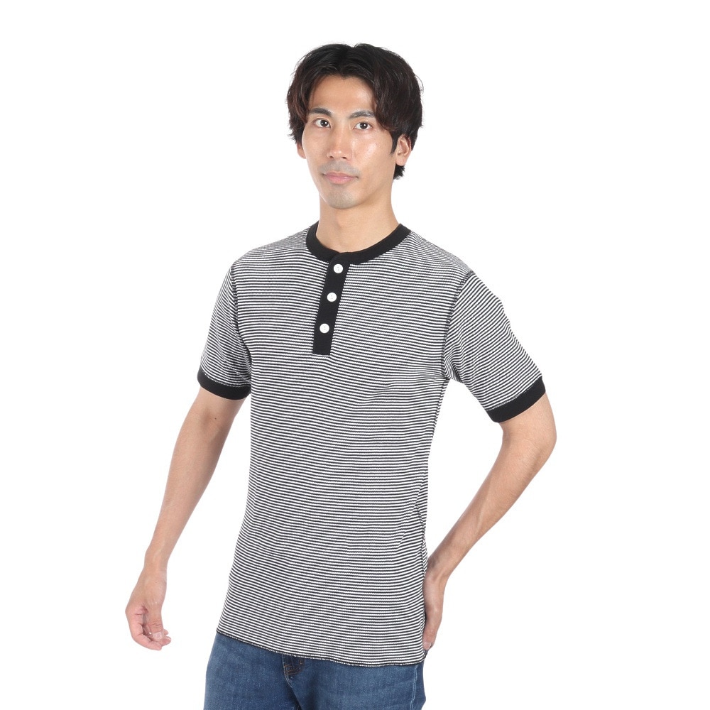 ヘルスニット（Healthknit）（メンズ、レディース）ベーシックワッフル ヘンリーネック 半袖Tシャツ ボーダー 601S BLK/OFF