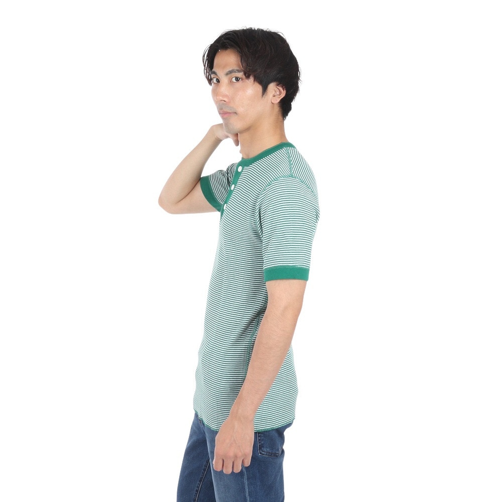 ヘルスニット（Healthknit）（メンズ、レディース）ベーシックワッフル ヘンリーネック 半袖Tシャツ ボーダー 601S GRN/OFF