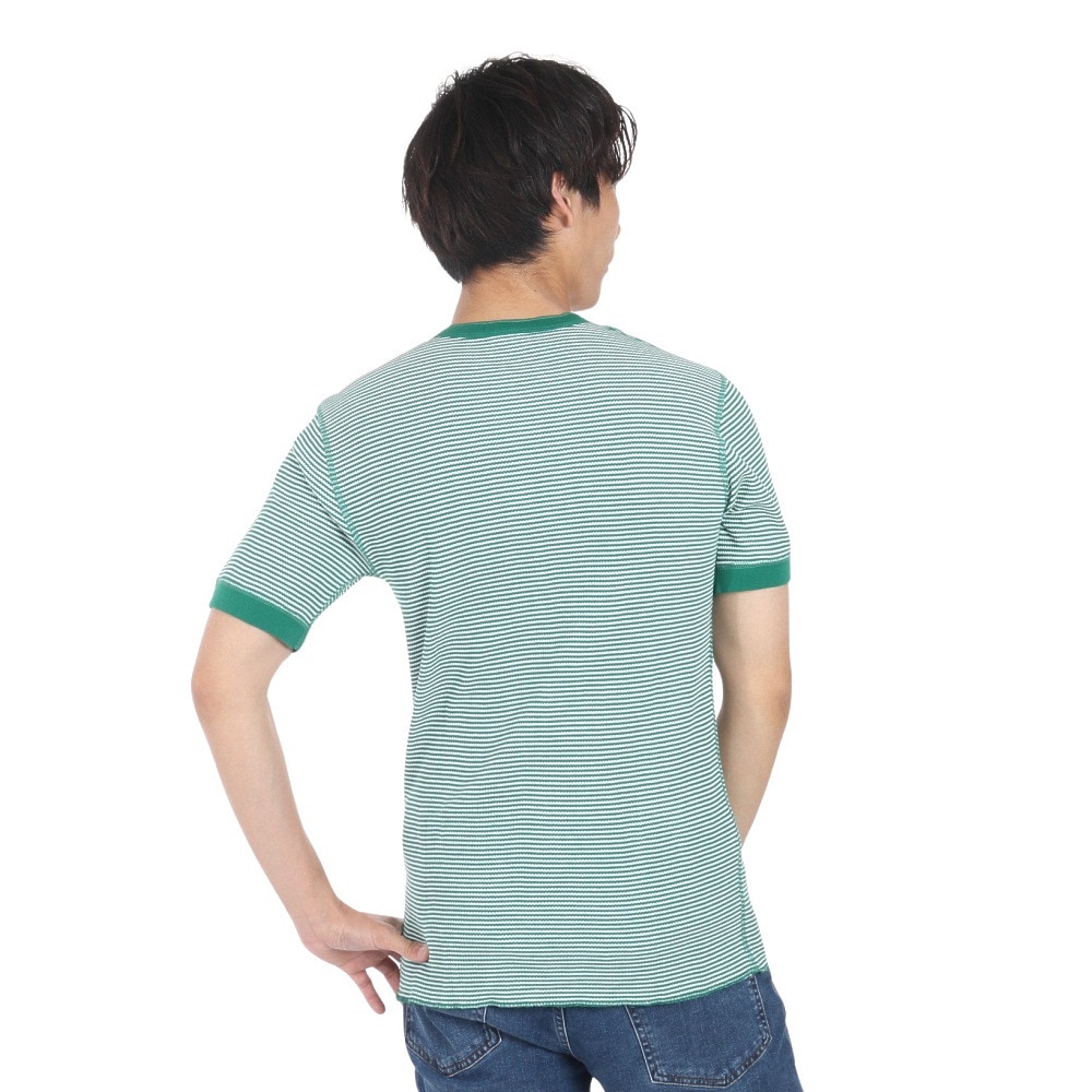 ヘルスニット（Healthknit）（メンズ、レディース）ベーシックワッフル ヘンリーネック 半袖Tシャツ ボーダー 601S GRN/OFF