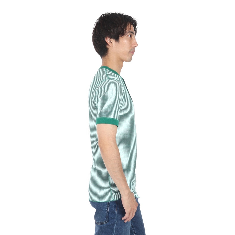 ヘルスニット（Healthknit）（メンズ、レディース）ベーシックワッフル ヘンリーネック 半袖Tシャツ ボーダー 601S GRN/OFF