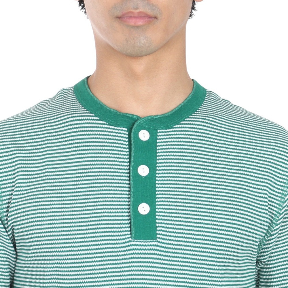 ヘルスニット（Healthknit）（メンズ、レディース）ベーシックワッフル ヘンリーネック 半袖Tシャツ ボーダー 601S GRN/OFF