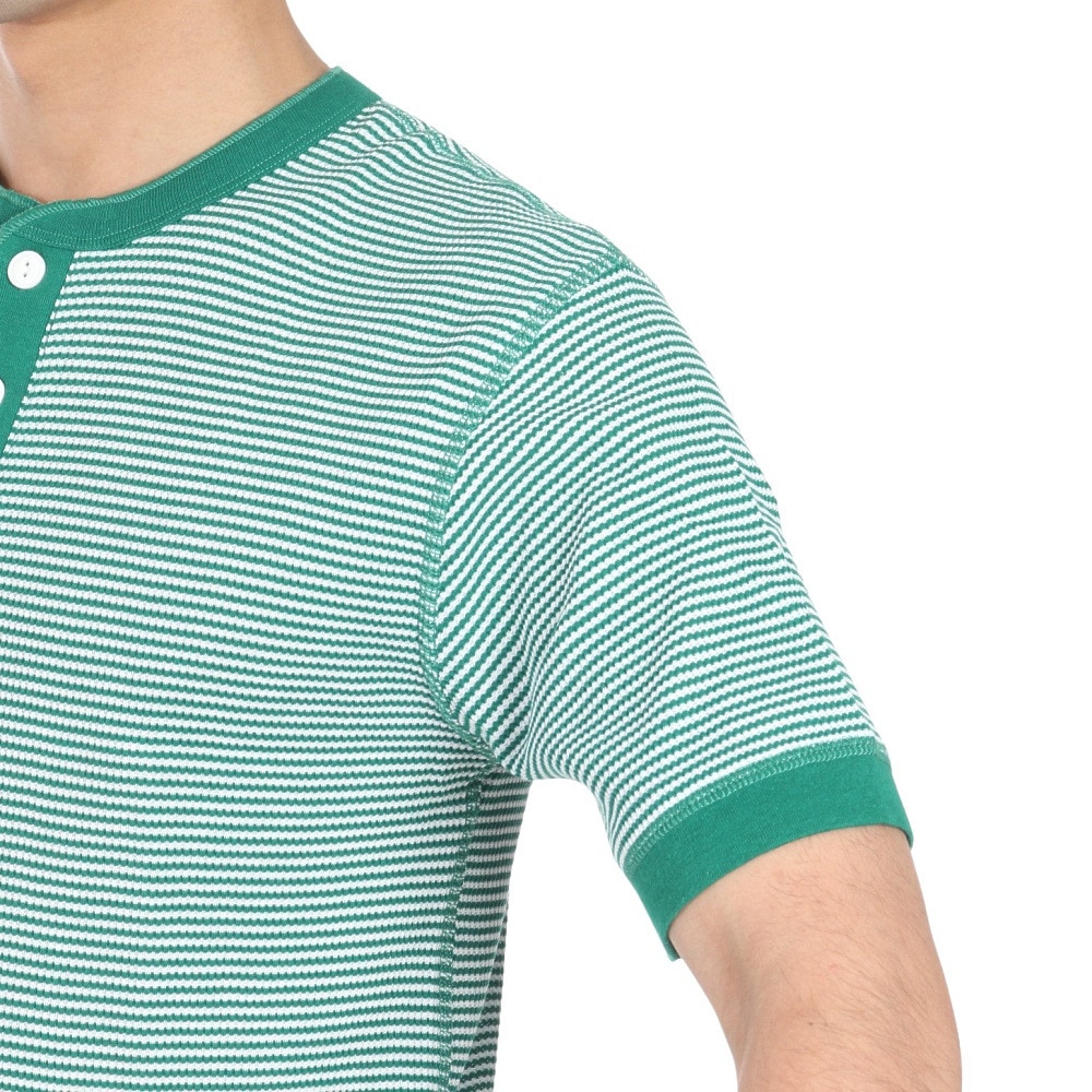 ヘルスニット（Healthknit）（メンズ、レディース）ベーシックワッフル ヘンリーネック 半袖Tシャツ ボーダー 601S GRN/OFF