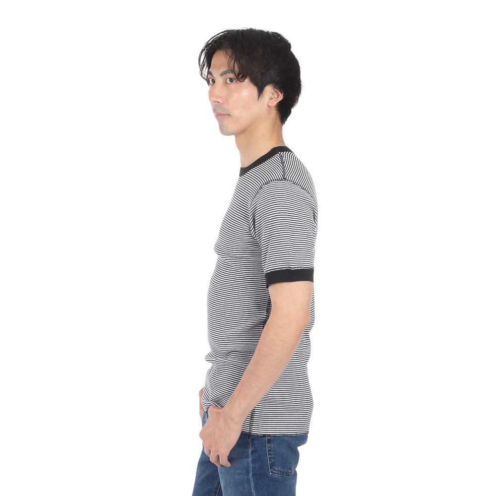 ヘルスニット（Healthknit）（メンズ、レディース）ベーシックワッフル クルーネック 半袖Tシャツ ボーダー 602S BLK/OFF
