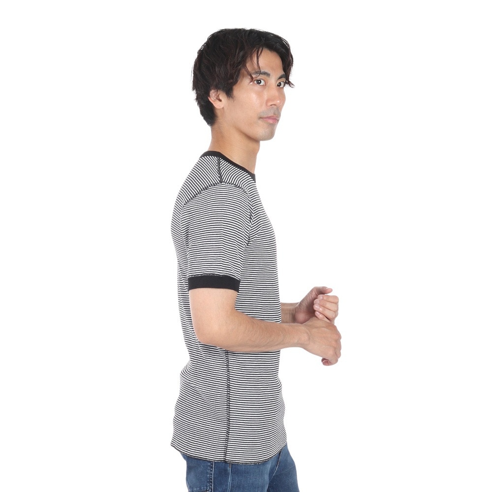 ヘルスニット（Healthknit）（メンズ、レディース）ベーシックワッフル クルーネック 半袖Tシャツ ボーダー 602S BLK/OFF