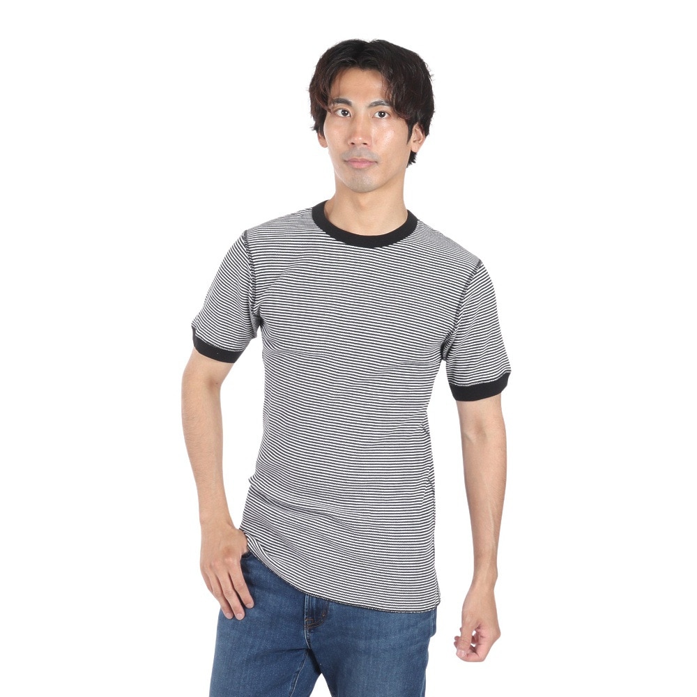 ヘルスニット（Healthknit）（メンズ、レディース）ベーシックワッフル クルーネック 半袖Tシャツ ボーダー 602S BLK/OFF