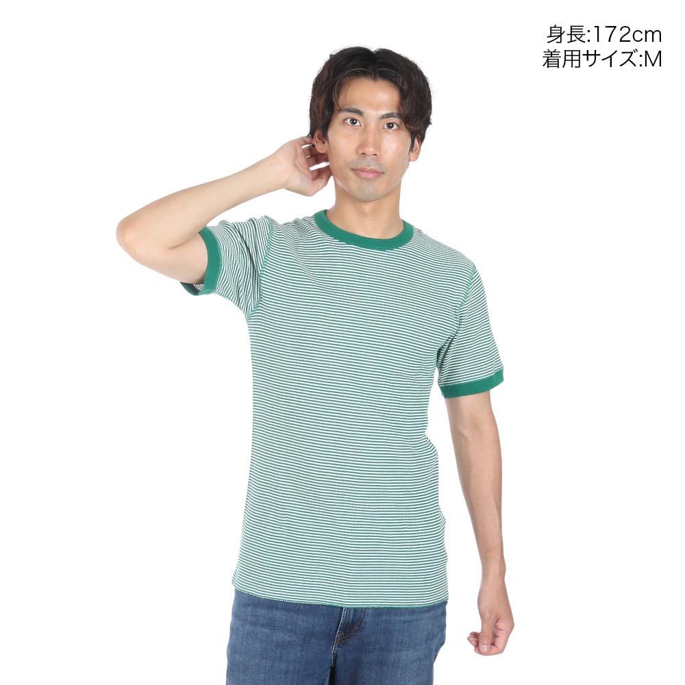 ヘルスニット（Healthknit）（メンズ、レディース）ベーシックワッフル クルーネック 半袖Tシャツ ボーダー 602S GRN/OFF