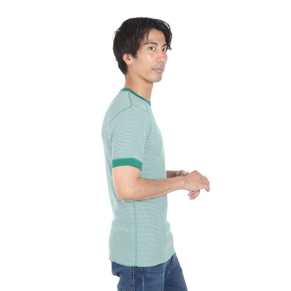 ヘルスニット（Healthknit）（メンズ、レディース）ベーシックワッフル クルーネック 半袖Tシャツ ボーダー 602S GRN/OFF