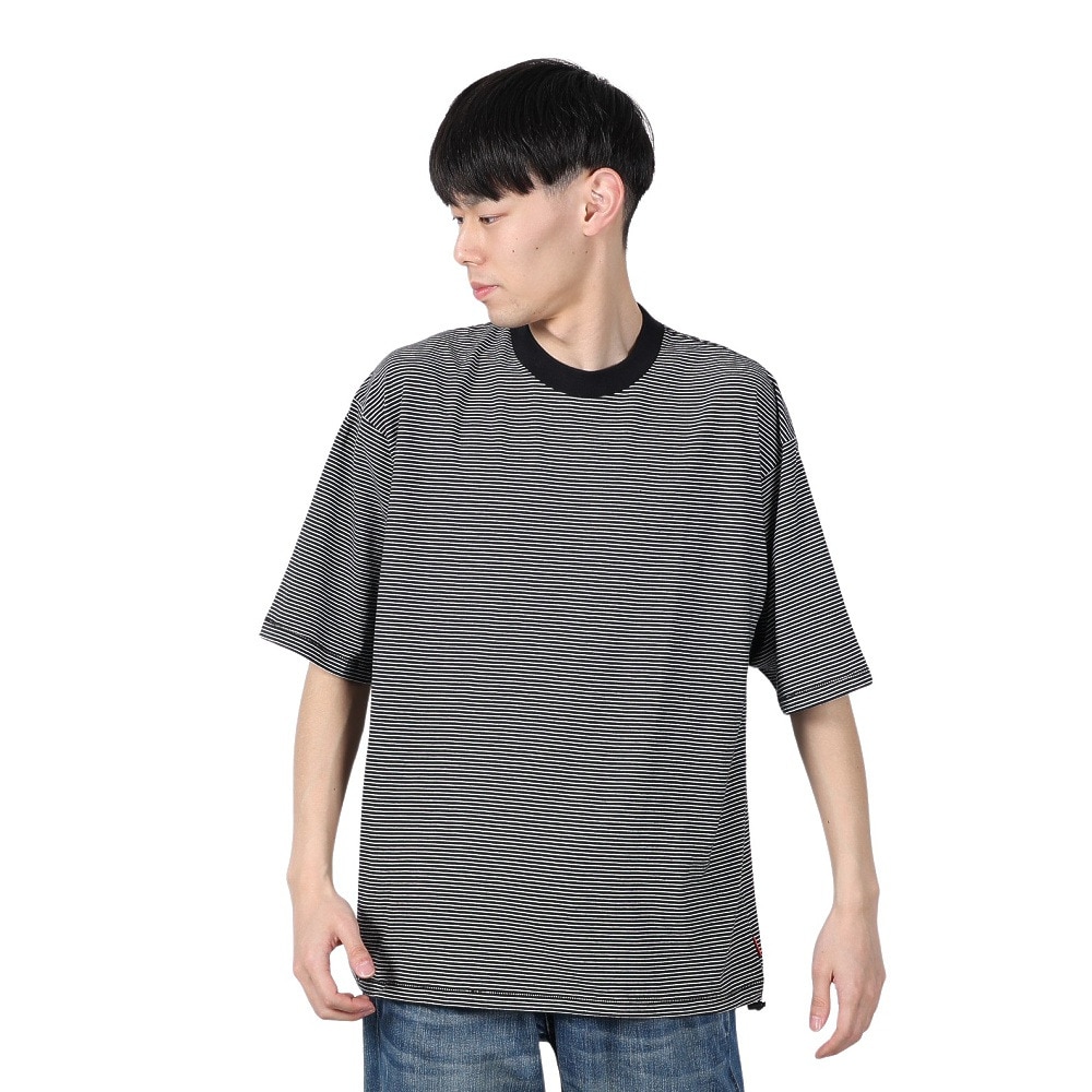 ヘルスニット（Healthknit）（メンズ）ナローボーダー ワイドクルーネック 半袖Tシャツ 51033 BLK/NAT