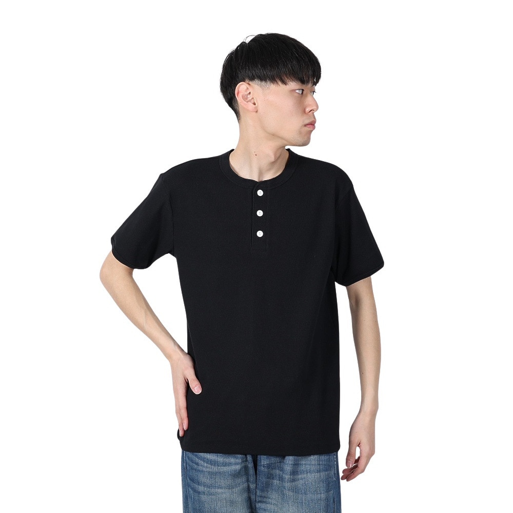 ヘルスニット（Healthknit）（メンズ）ヘビーウェイトリブ ヘンリーネック 半袖Tシャツ 53016 BLK