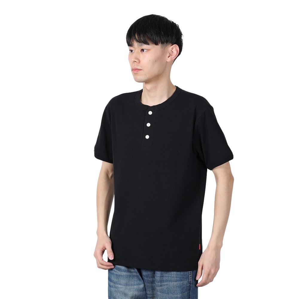 ヘルスニット（Healthknit）（メンズ）ヘビーウェイトリブ ヘンリーネック 半袖Tシャツ 53016 BLK
