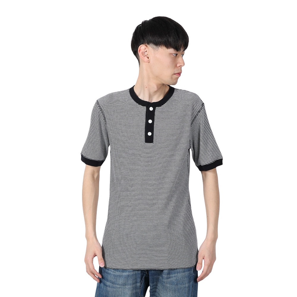 ヘルスニット（Healthknit）（メンズ）ベーシックワッフル ヘンリーネック 半袖Tシャツ 601S BLK/OFF