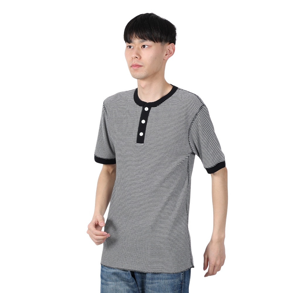 ヘルスニット（Healthknit）（メンズ）ベーシックワッフル ヘンリーネック 半袖Tシャツ 601S BLK/OFF