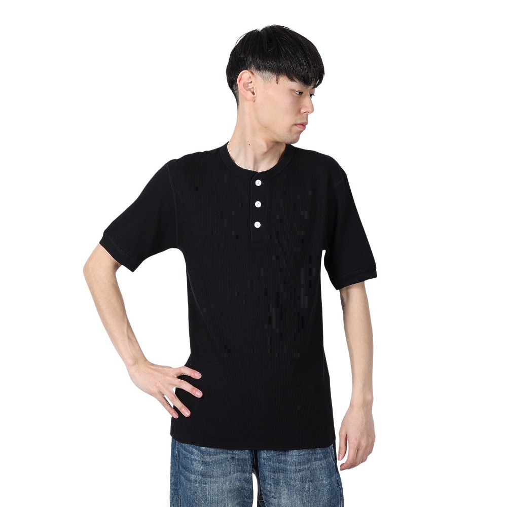 ヘルスニット（Healthknit）（メンズ）ベーシックワッフル ヘンリーネック 半袖Tシャツ 601S BLK