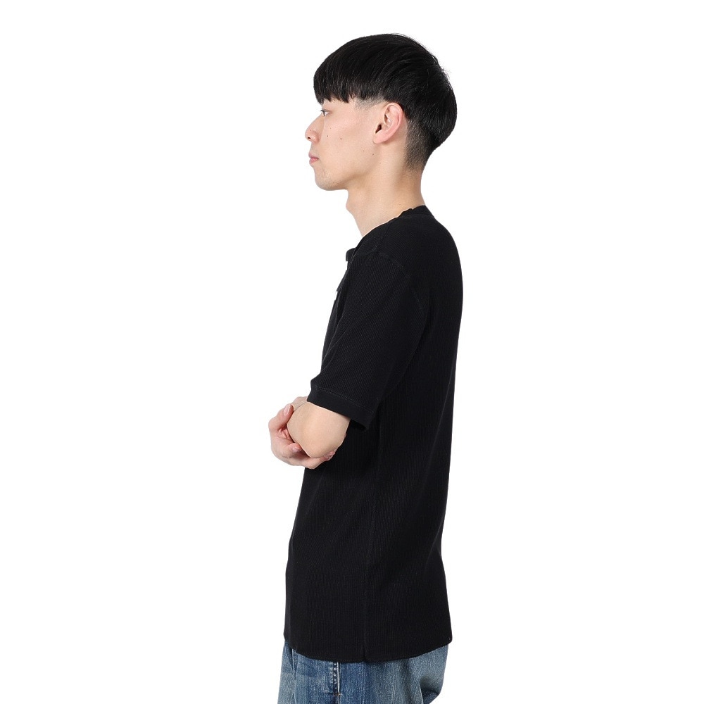 ヘルスニット（Healthknit）（メンズ）ベーシックワッフル ヘンリーネック 半袖Tシャツ 601S BLK