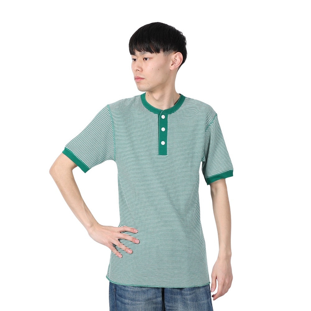ヘルスニット（Healthknit）（メンズ）ベーシックワッフル ヘンリーネック 半袖Tシャツ 601S GRN/OFF