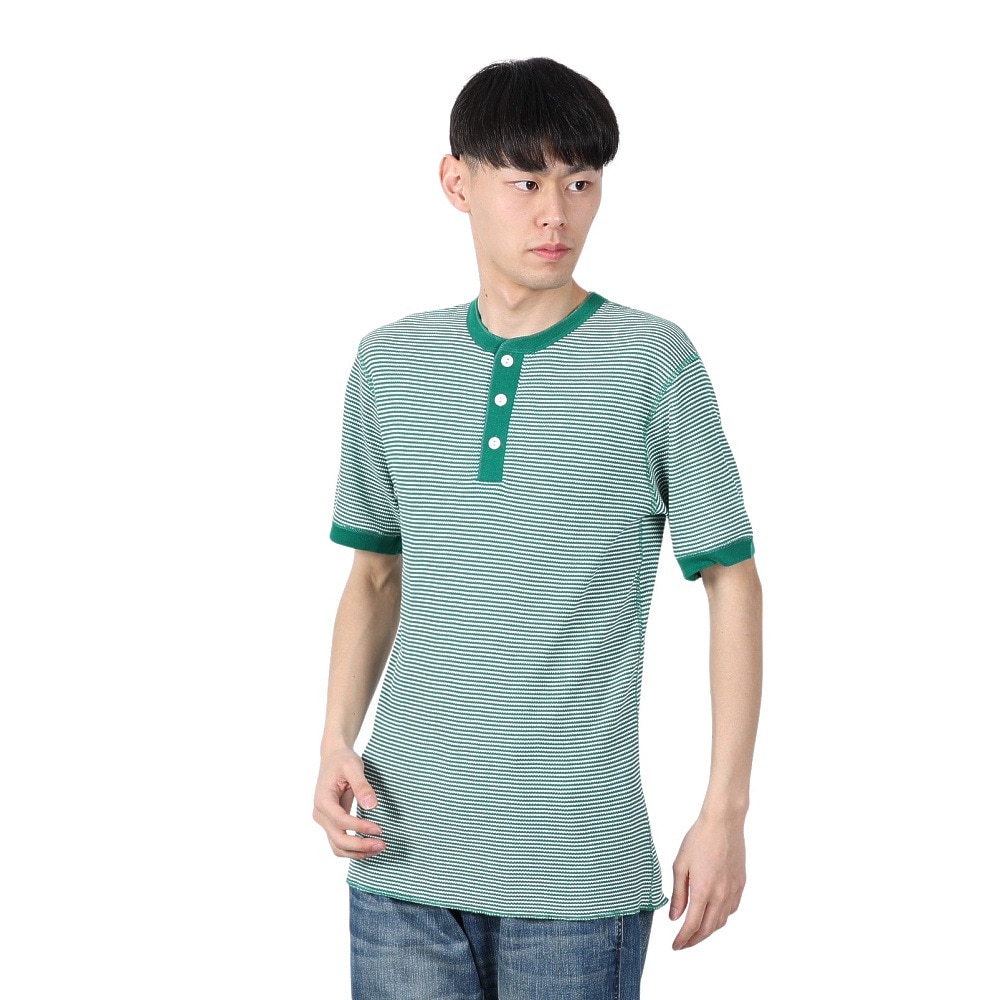 ヘルスニット（Healthknit）（メンズ）ベーシックワッフル ヘンリーネック 半袖Tシャツ 601S GRN/OFF