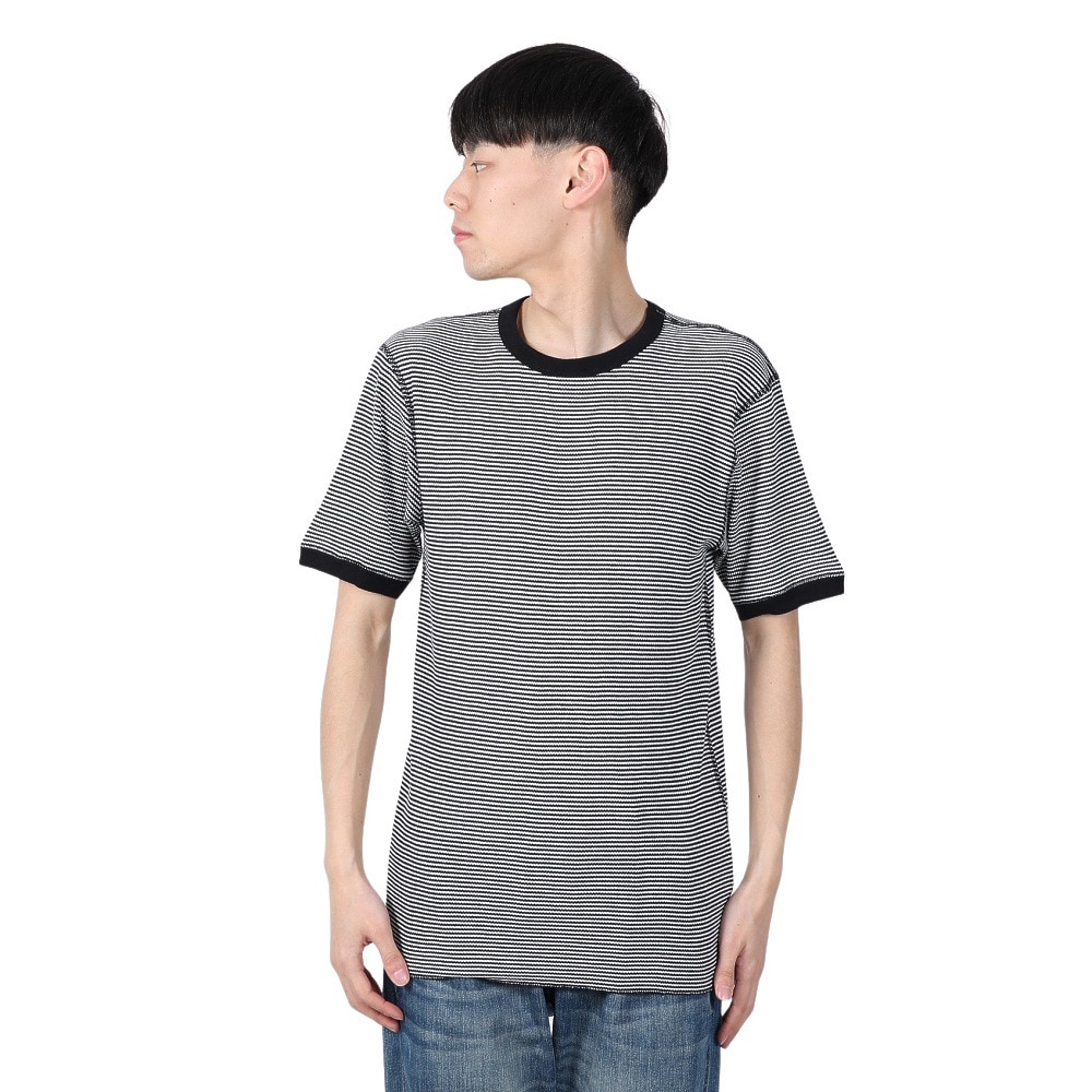 ヘルスニット（Healthknit）（メンズ）ベーシックワッフル クルーネック 半袖Tシャツ ボーダー 602S BLK/OFF