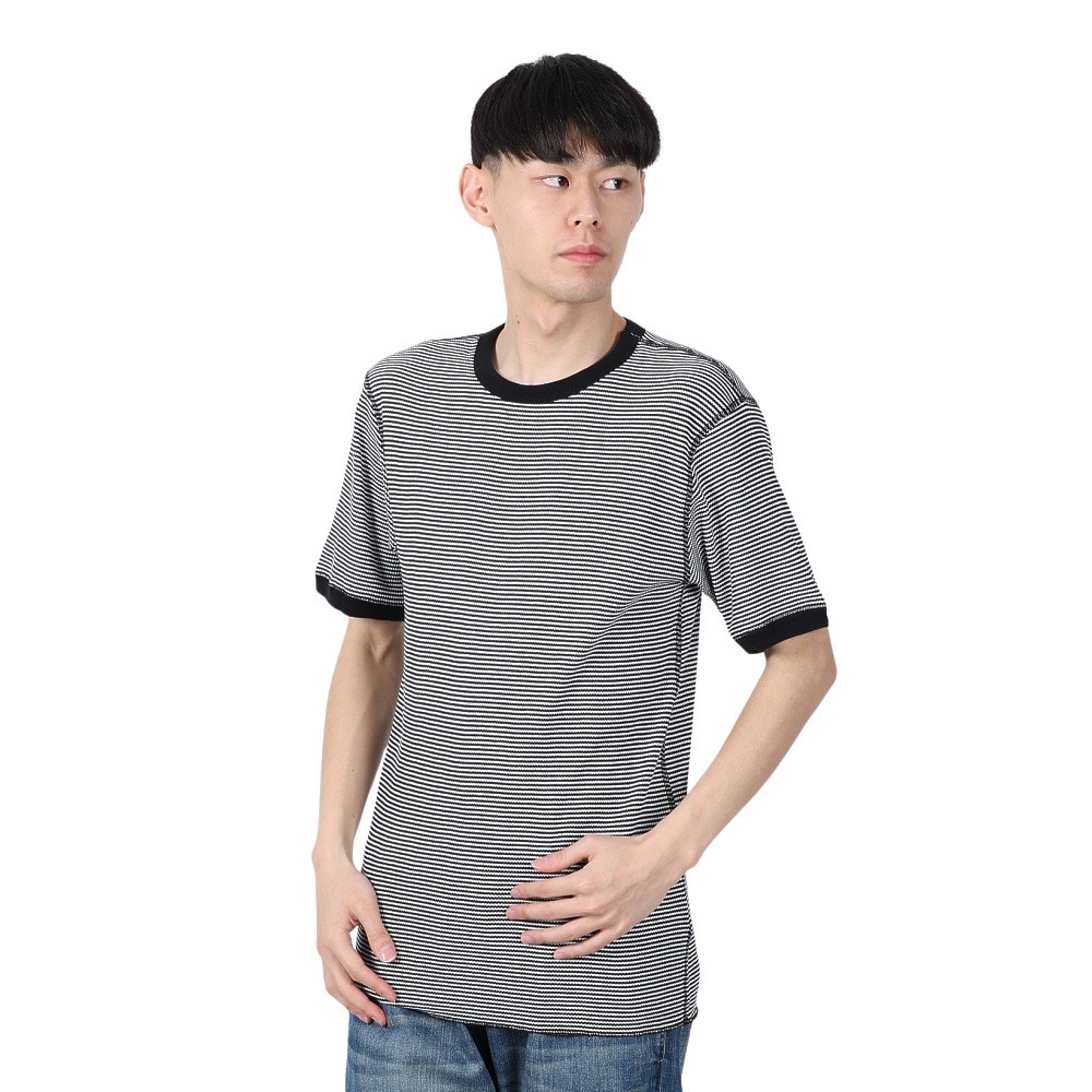 ヘルスニット（Healthknit）（メンズ）ベーシックワッフル クルーネック 半袖Tシャツ ボーダー 602S BLK/OFF