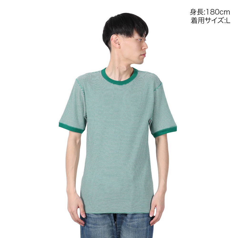 ヘルスニット（Healthknit）（メンズ）ベーシックワッフル クルーネック 半袖Tシャツ ボーダー 602S GRN/OFF