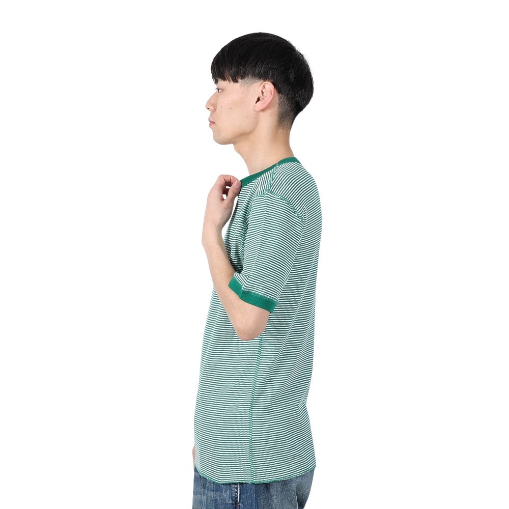 ヘルスニット（Healthknit）（メンズ）ベーシックワッフル クルーネック 半袖Tシャツ ボーダー 602S GRN/OFF