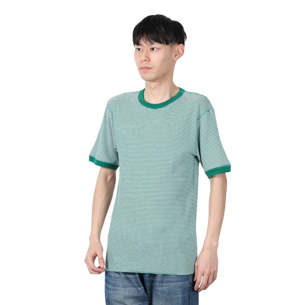 ヘルスニット（Healthknit）（メンズ）ベーシックワッフル クルーネック 半袖Tシャツ ボーダー 602S GRN/OFF
