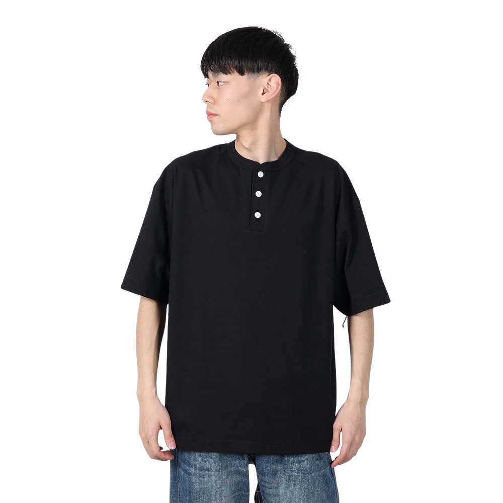 ヘルスニット（Healthknit）（メンズ）U.S.A.コットン ヘンリーネック半袖Tシャツ HR24S-M002 BLK