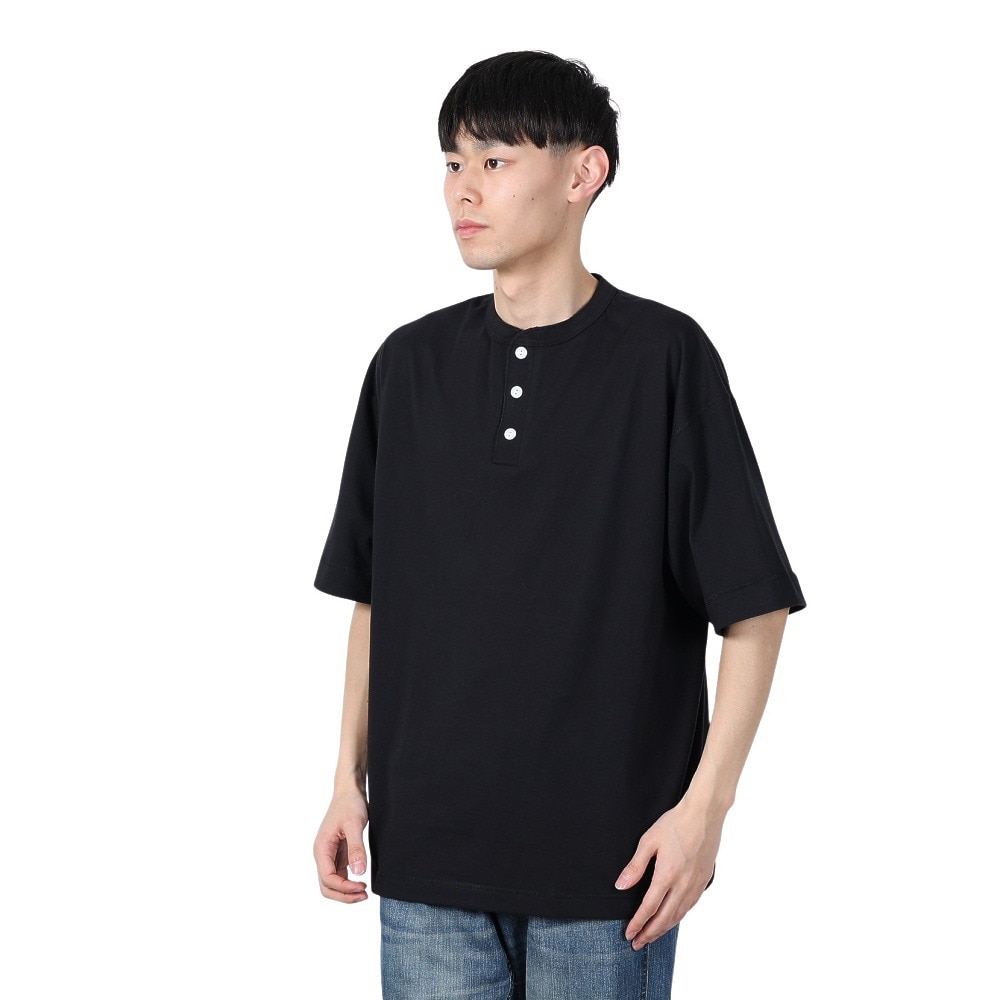 ヘルスニット（Healthknit）（メンズ）U.S.A.コットン ヘンリーネック半袖Tシャツ HR24S-M002 BLK