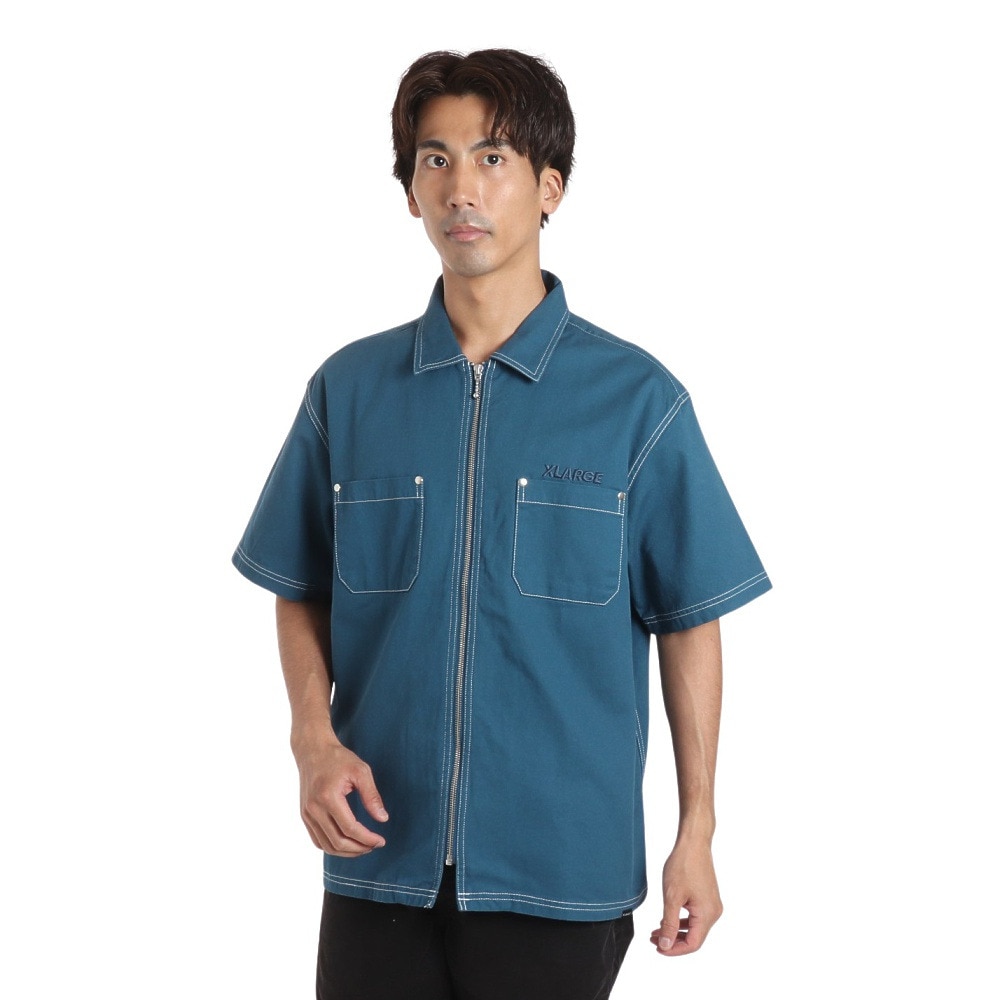 エクストララージ（XLARGE）（メンズ）半袖シャツ メンズ ジップアップ 半袖ワークシャツ 101232014001-BLUE