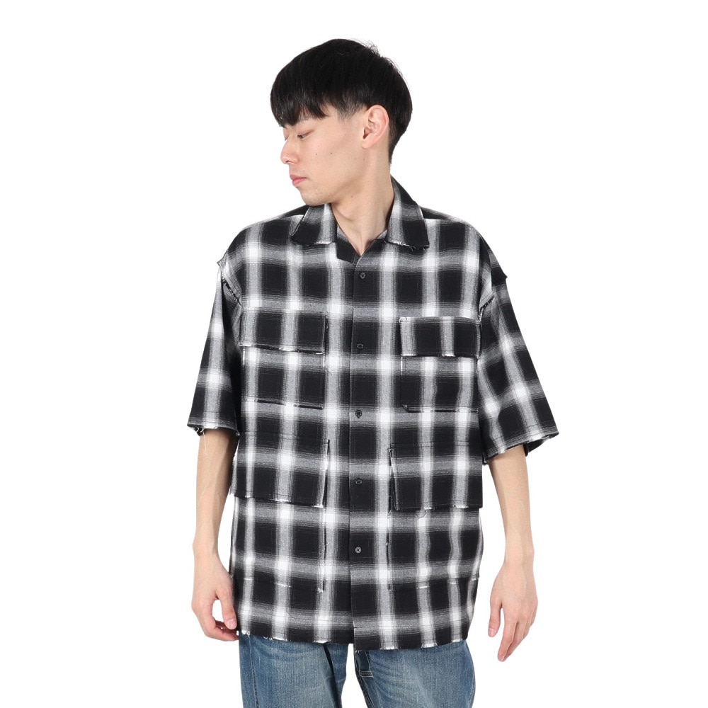 PLES MAKERS（PLES MAKERS）（メンズ）オンブレー チェック 半袖シャツ 25555002-BLK