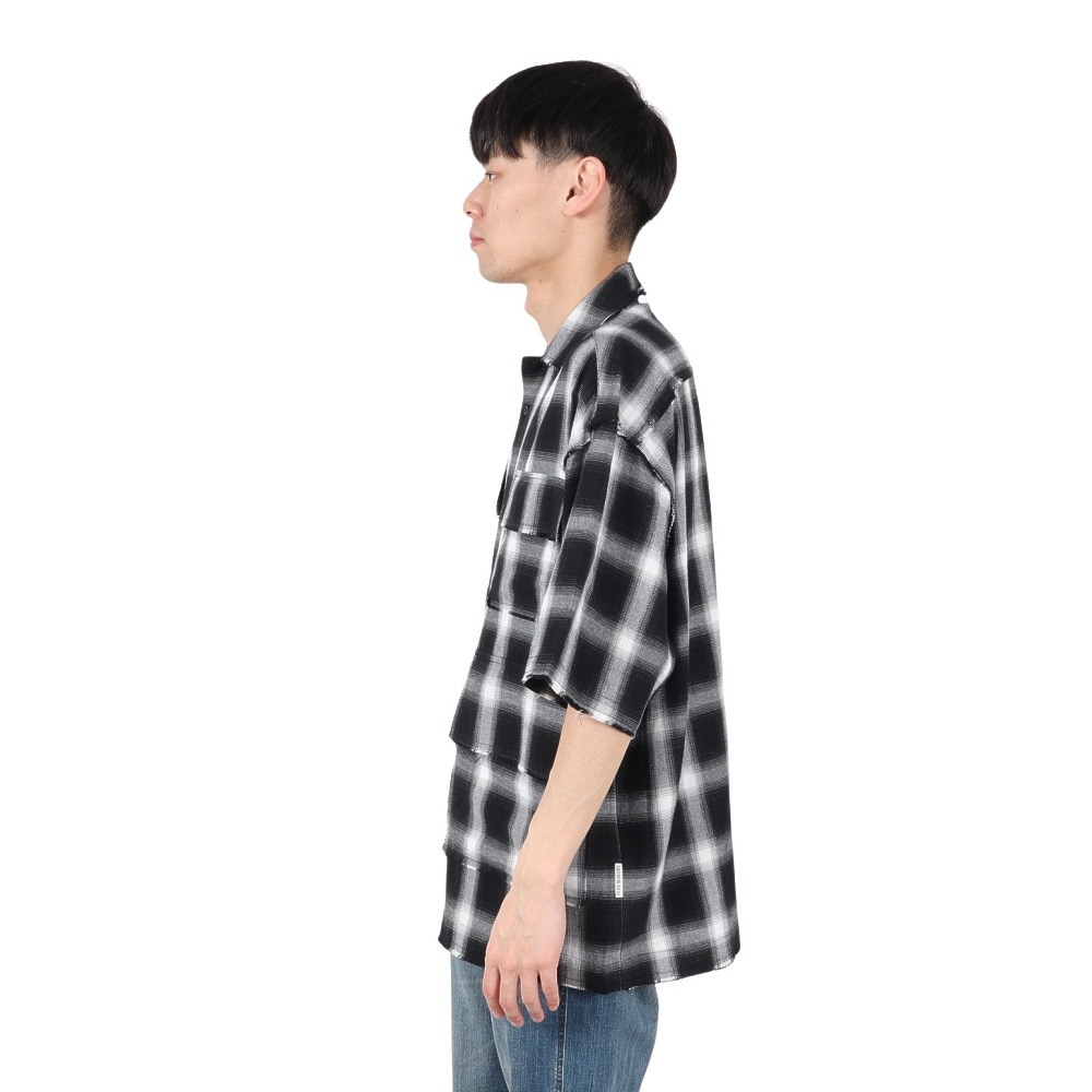 PLES MAKERS（PLES MAKERS）（メンズ）オンブレー チェック 半袖シャツ 25555002-BLK
