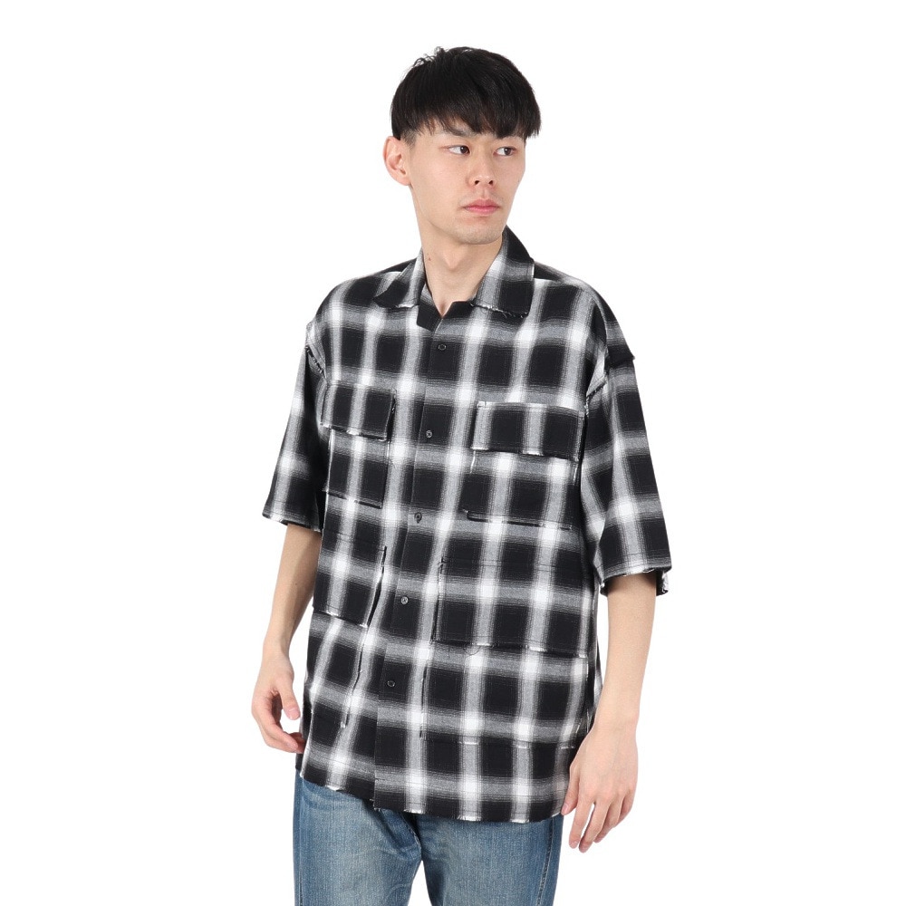 PLES MAKERS（PLES MAKERS）（メンズ）オンブレー チェック 半袖シャツ 25555002-BLK