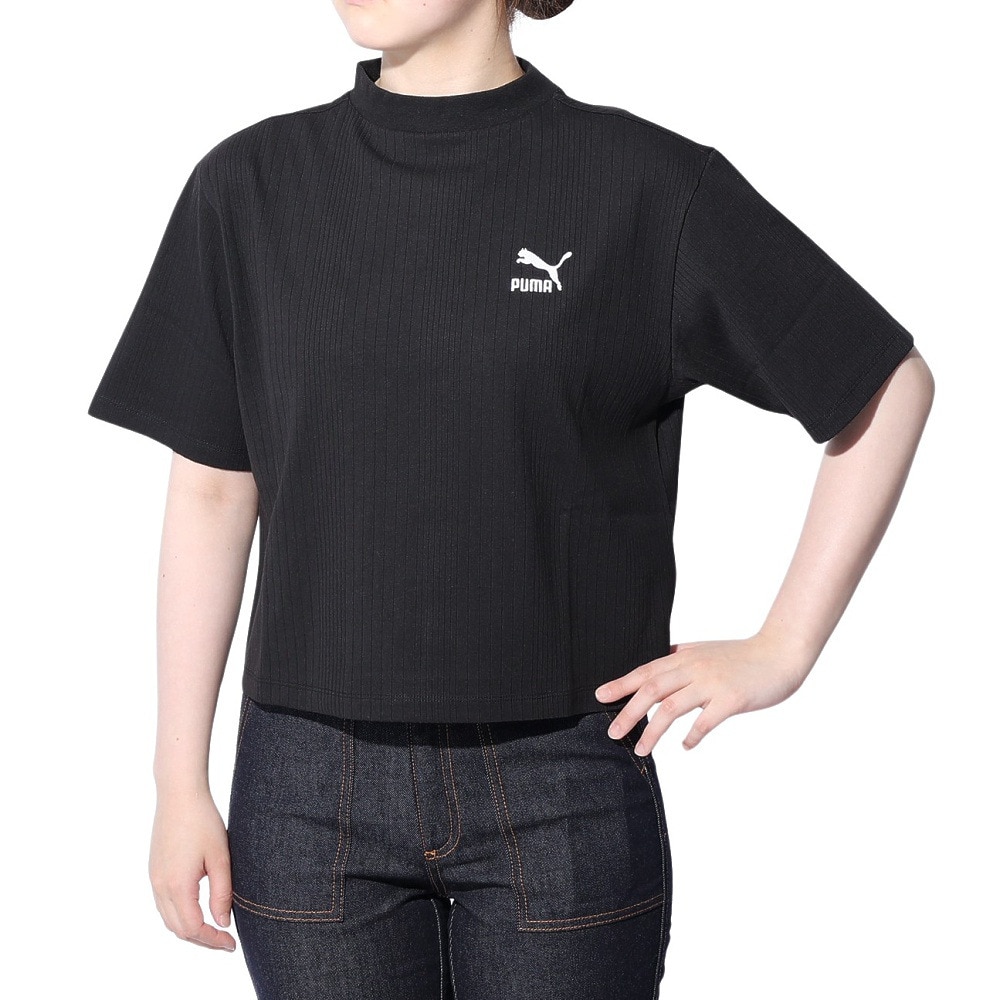 プーマ（PUMA）（レディース）CLASSICS リブ リラックス モックネック半袖シャツ 626071 01 BLK