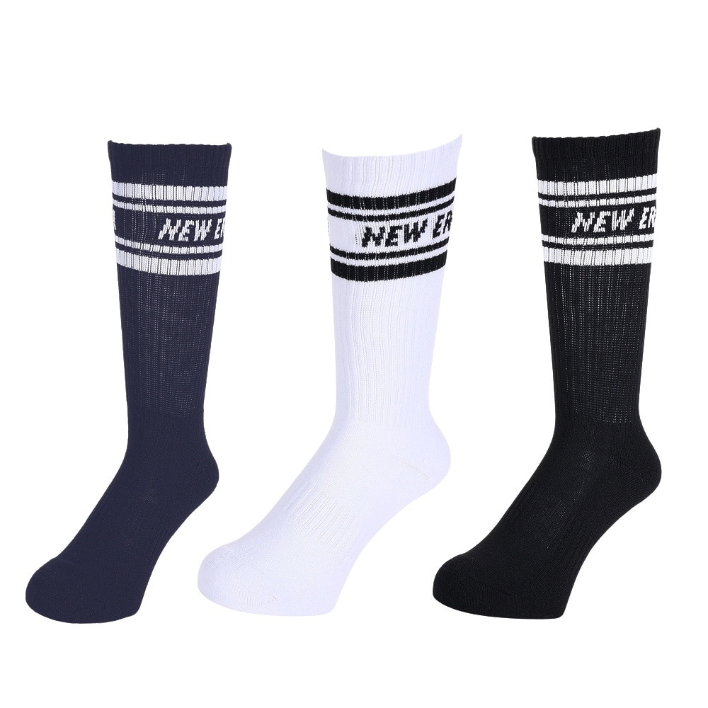 ニューエラ（NEW ERA）（メンズ、レディース、キッズ）ソックス クルー 3ペア ライン 白 21cm～29cm 13517761 靴下 3足セット 3足組 3P ホワイト