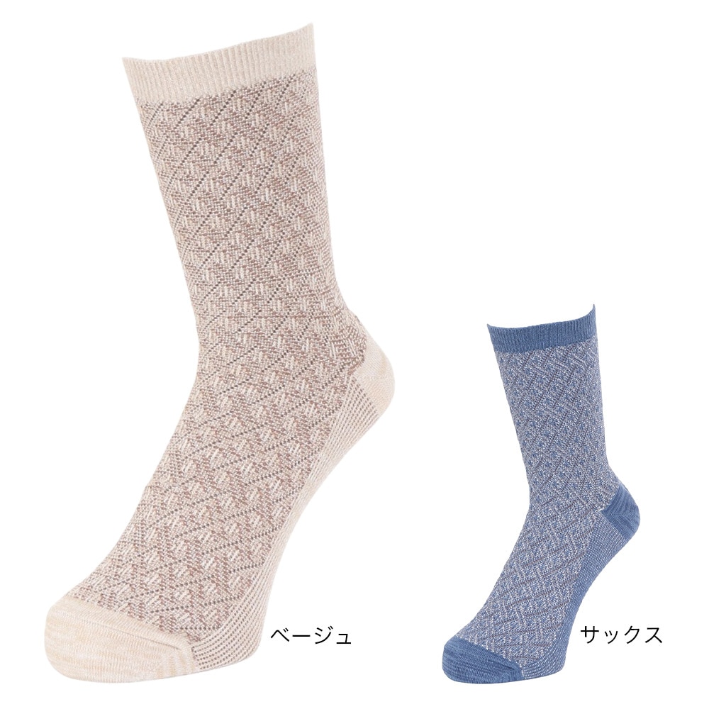 福助（メンズ）ふくらし ゆるピ丈 小紋柄 クルー丈 ソックス 37776W SAX