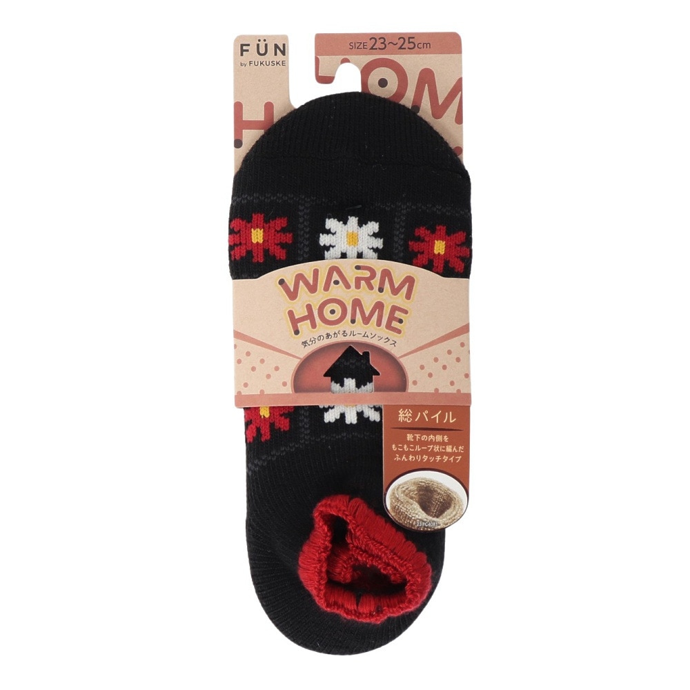 福助（レディース）ルームソックス WARMHOME ハマグリ型 レトロフラワー 2262-91LBLK