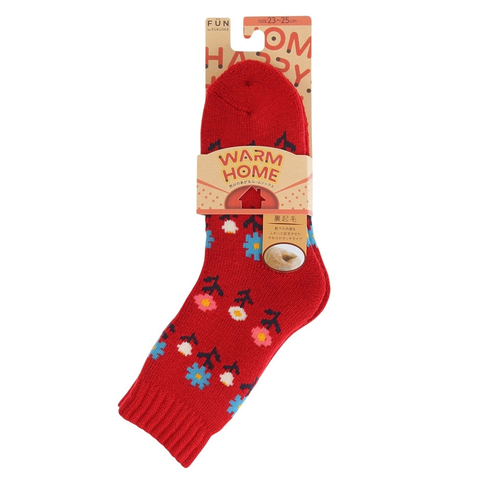 福助（レディース）FUN WARMHOME レトロフラワー柄 内側パイル 2262-94LRED